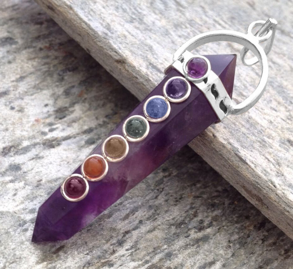 Double Terminated Purple Amethyst 7 Chakra Crystal Pendant .925 Silver Necklace
