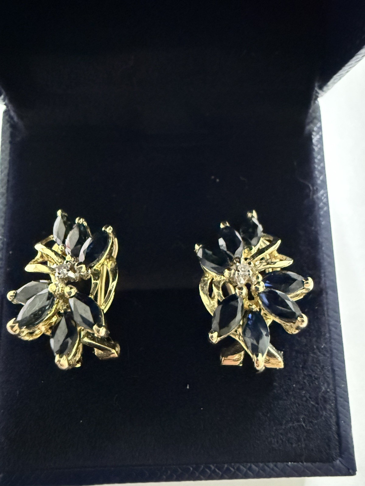 14k Yellow Gold Natural Blue Sapphire & Diamond Omega Back Earrings 4.2g i18678b