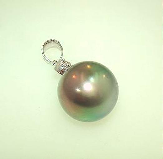 14k White Gold 12.2mm 13.04Cts Black Tahitian Pearl 0.06Cts Diamond Pendant #1