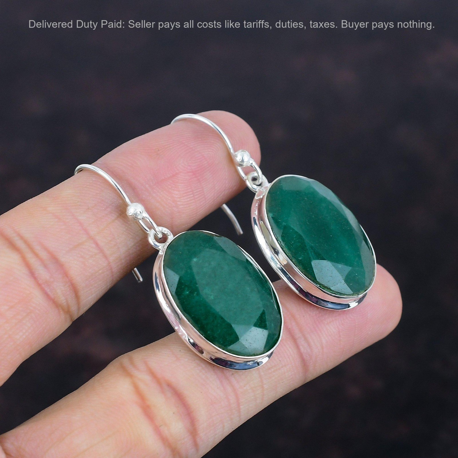 Black Friday Sale Sterling Silver Oval Zambian Emrald Stone Dangle Drop Earrings