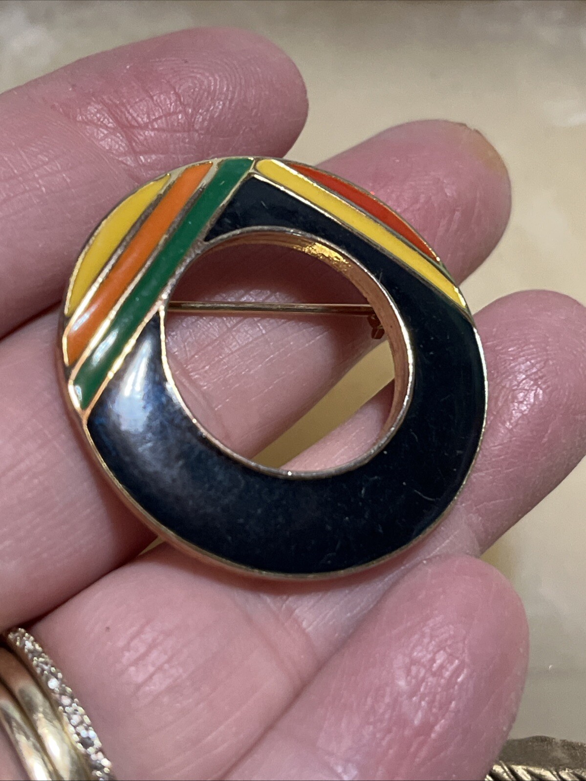 Black Yellow Red Green Orange Enamel Circle Brooch Pin Gold Tone Rainbow
