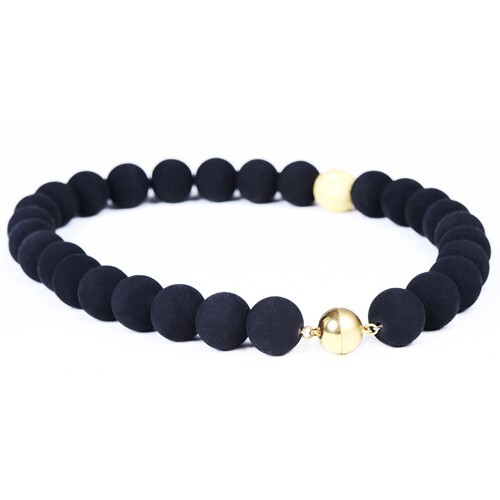 Chain Necklace Italian Lava & 925 Silver Gold Plated Asymmetrical Gold Black