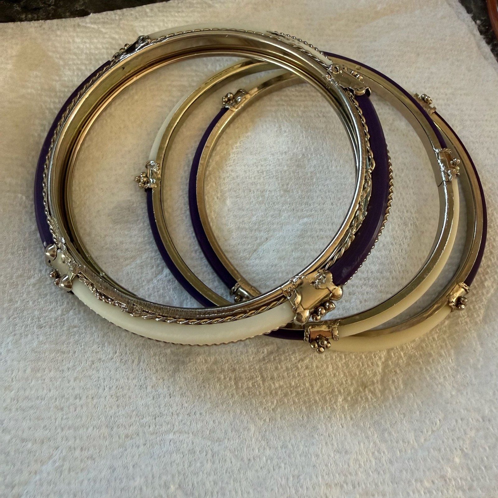 Vintage Gold Tone Bangle Bracelets with Purple and Cream Enamel Inlay