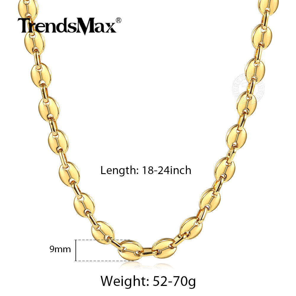 9mm Gold Plated Stainless Steel Coffee Beans Marina Link Chain Necklace 16″-24″