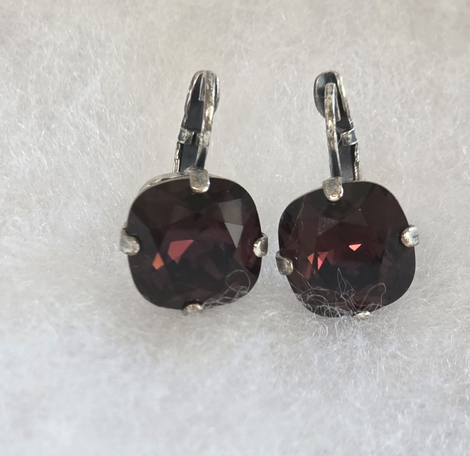 Vintage Silver Tone Round Burgundy Crystal Leverback Earrings Prong Set