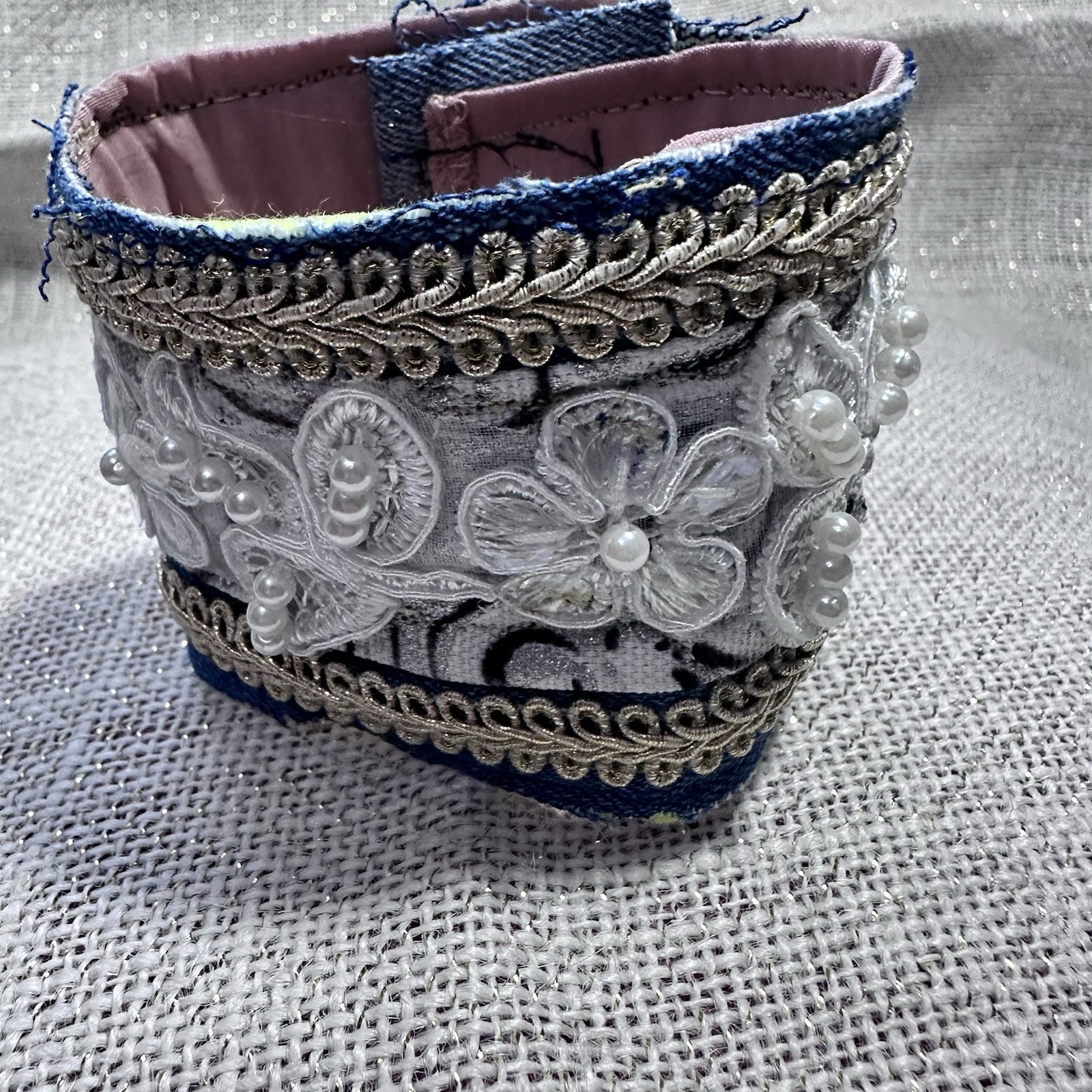 Wide Cuff Bracelet Boho Denim Fabric Embellished 3D Floral Lace Handmade 6-7