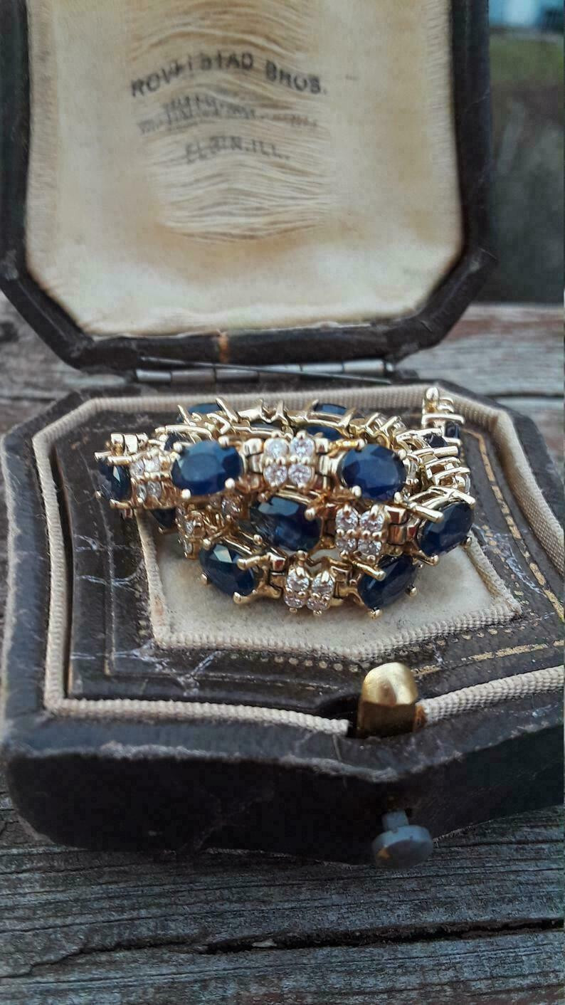 18Ct Oval Cut Sapphire & Diamond Women’s Tennis Bracelet In 14K Yellow Gold Ove