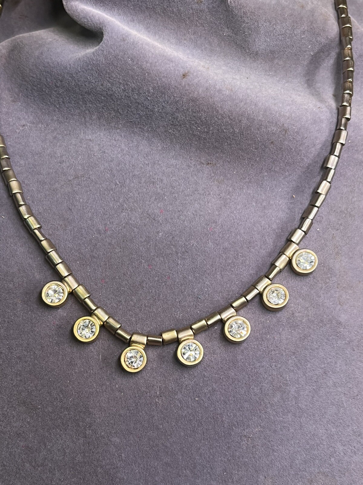 Vintage Silver Tone Necklace W Hanging Rhinestones ;Adjustable Length
