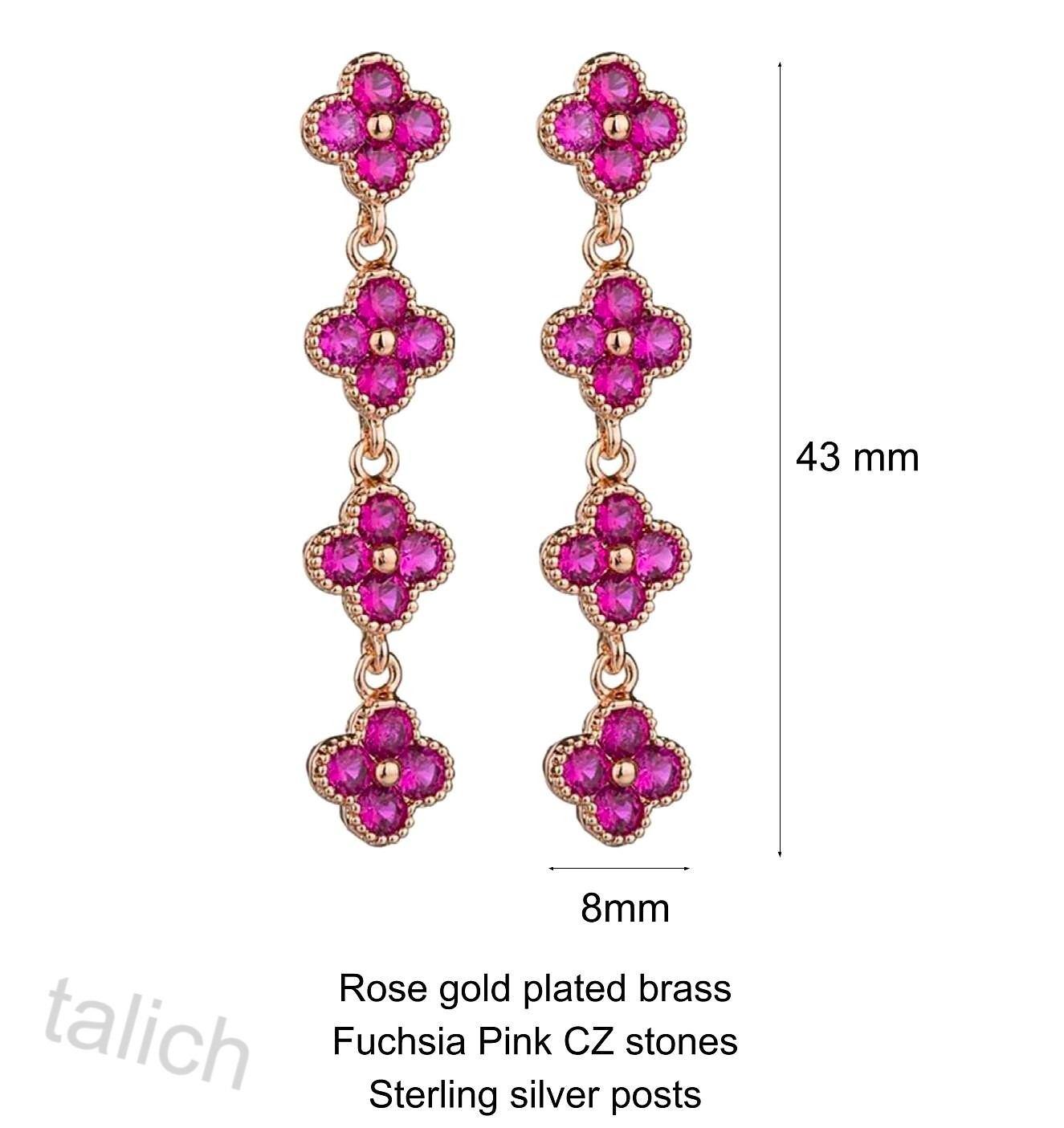 Rose Gold Plated Hot Pink Fuchsia CZ Cubic Zirconia Linear Flower Long Earrings