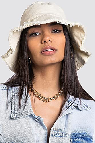 Frayed-Edge-Bucket-Hat-Summer Distressed-Beach-Sun-Hat-for Medium Cream Beige