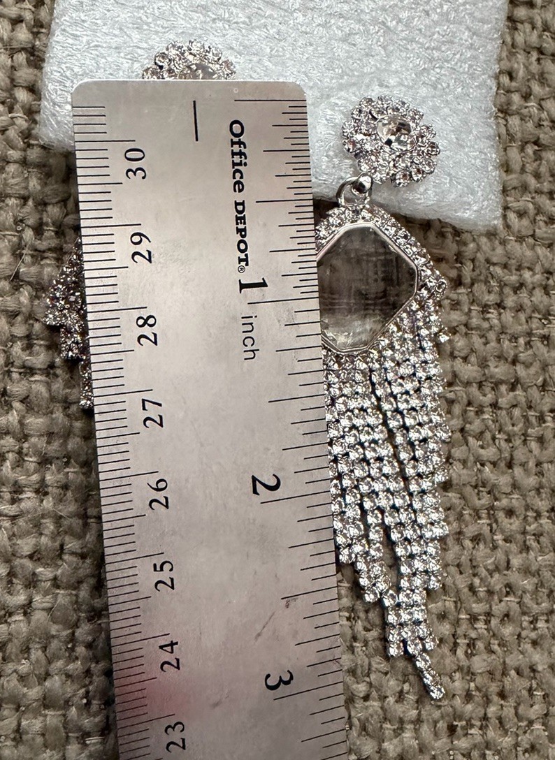 Silver Tone Clear Crystal Rhinestone Fringe Dangle Drop Earrings 3.5 in