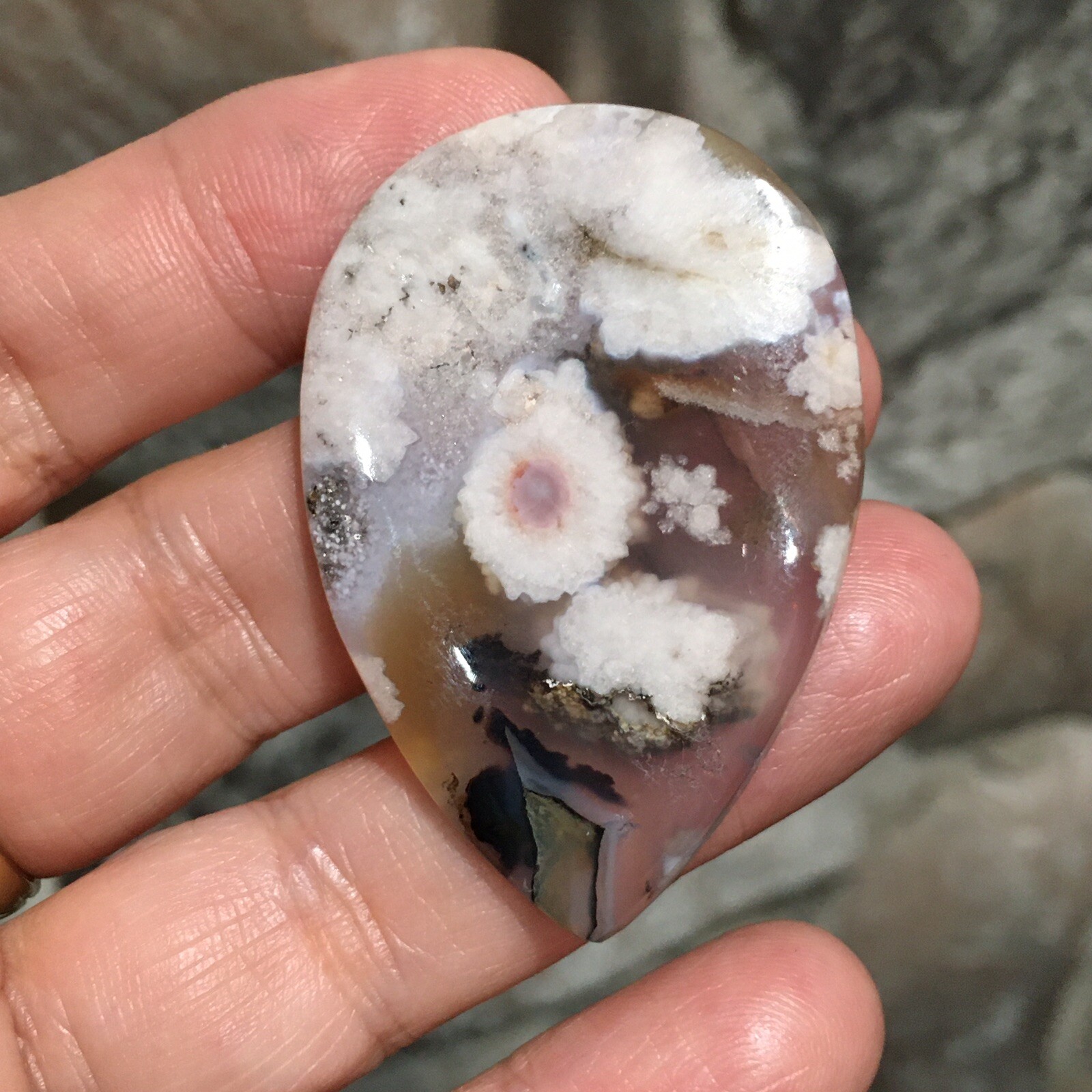48×32.9×4.5mm Fine Collectors’ Flower Picture Plume Agate Teardrop Cabochon Gem
