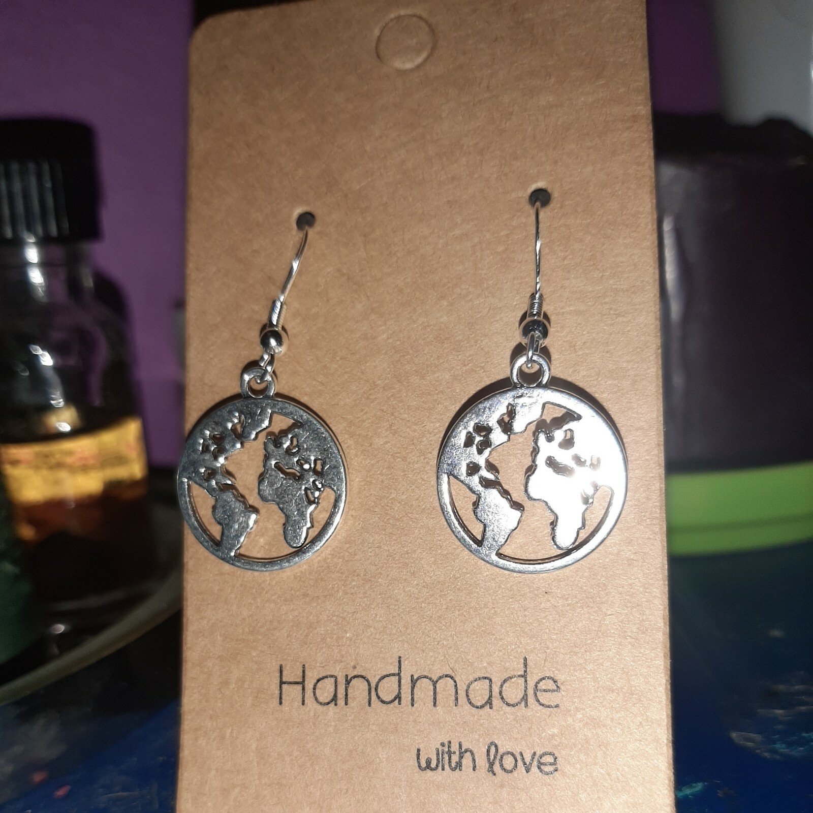 Handcrafted Silver Colored World Map With .925 Silver French Hooks