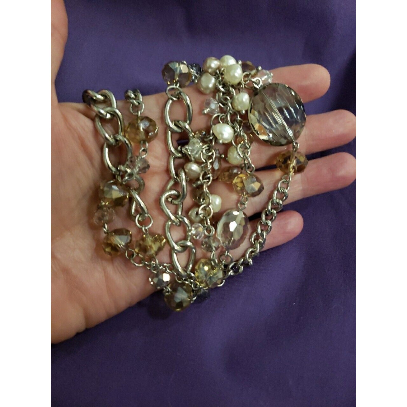 Long Silver Tone Glass Crystal Asymmetrical Necklace, Faux Pearl & Bead Baubles