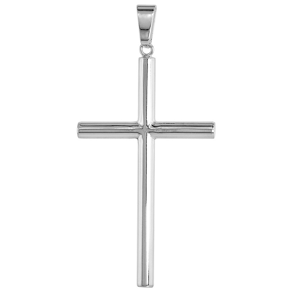 925 Sterling Silver Plain 4mm Tubular Cross Pendant 2 1/4 Inch Tall (56mm)