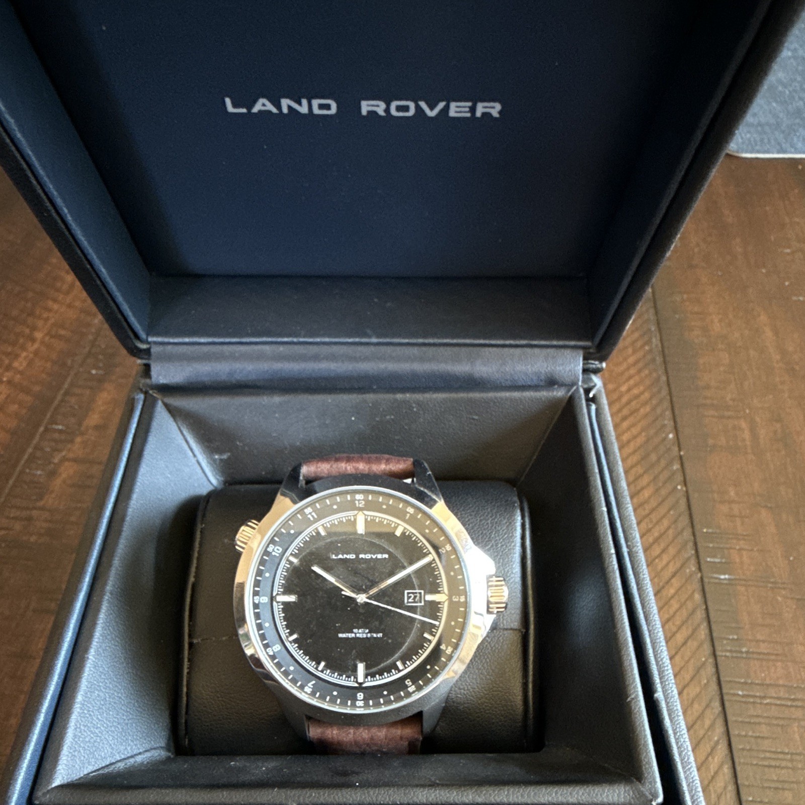 Land Rover Men’s Quartz Analog Watch Black Dial Date Brown Leather Strap 100m