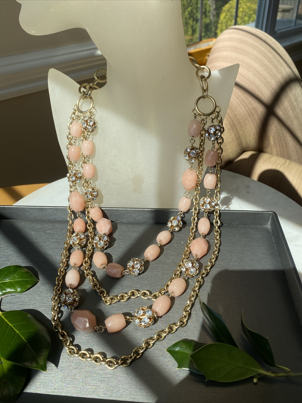 Vintage Necklace Estate Jewelry Pre-Owned Pink Gem Unusual Layered Sautoir