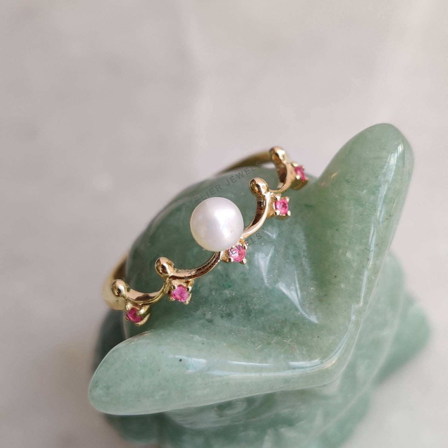 0.43 Ct Natural Pearl Ruby Band Ring 14K Gold Minimalist Birthstone Jewelry Gift