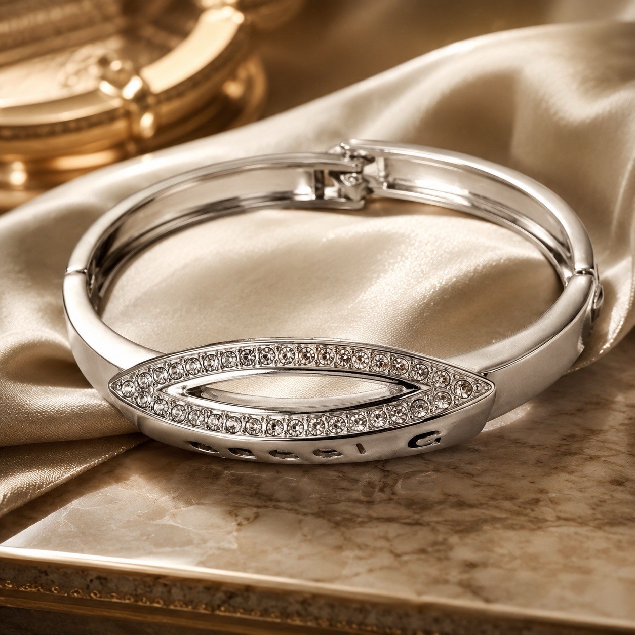 Silver Tone Crystal Hinged Bangle Bracelet Oval Cuff Sparkly Elegant
