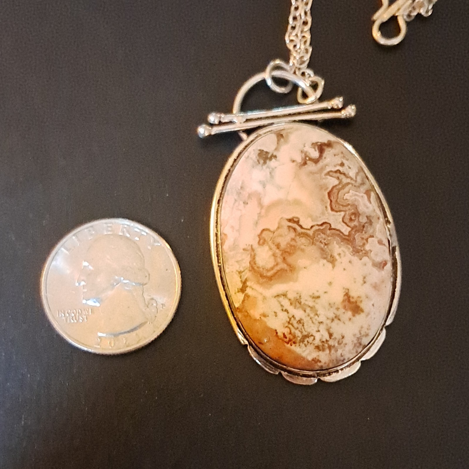 925 Sterling Oval Crazy Lace Agate Pendant Necklace, Cable Chain, Hook Closure