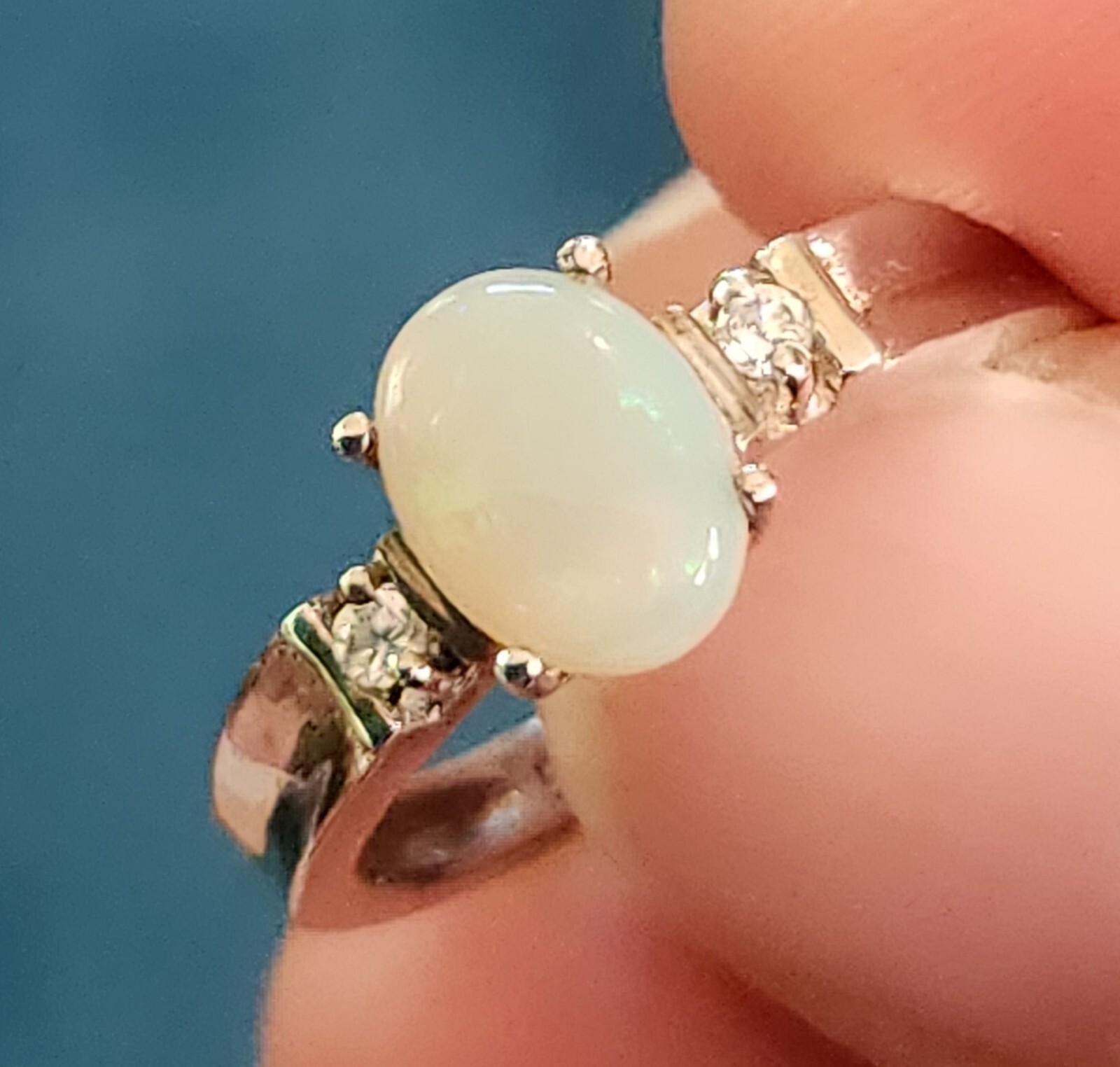 Opal Ring Silver .925 band prong setting approx size 8 / 56-58mm