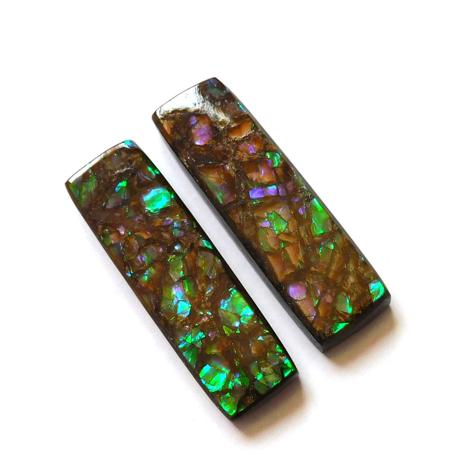 34.85 Cts Natural Ammolite (31.4mmx9.5mm each) Loose Cabochon Match Pair CE20