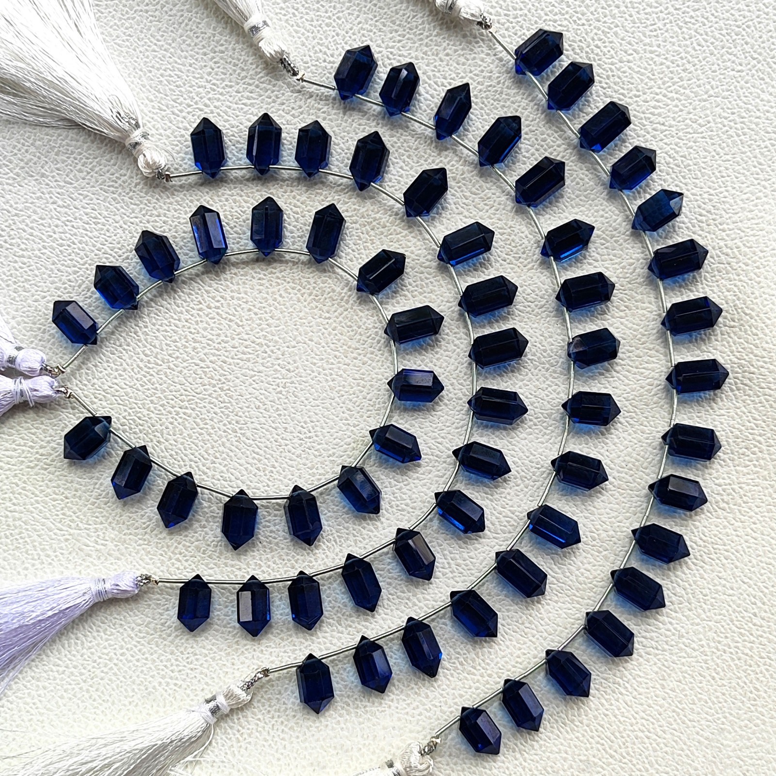 7.5″ London Blue Topaz Color Hydro Quartz 14×7 mm Faceted Crystal Point Beads