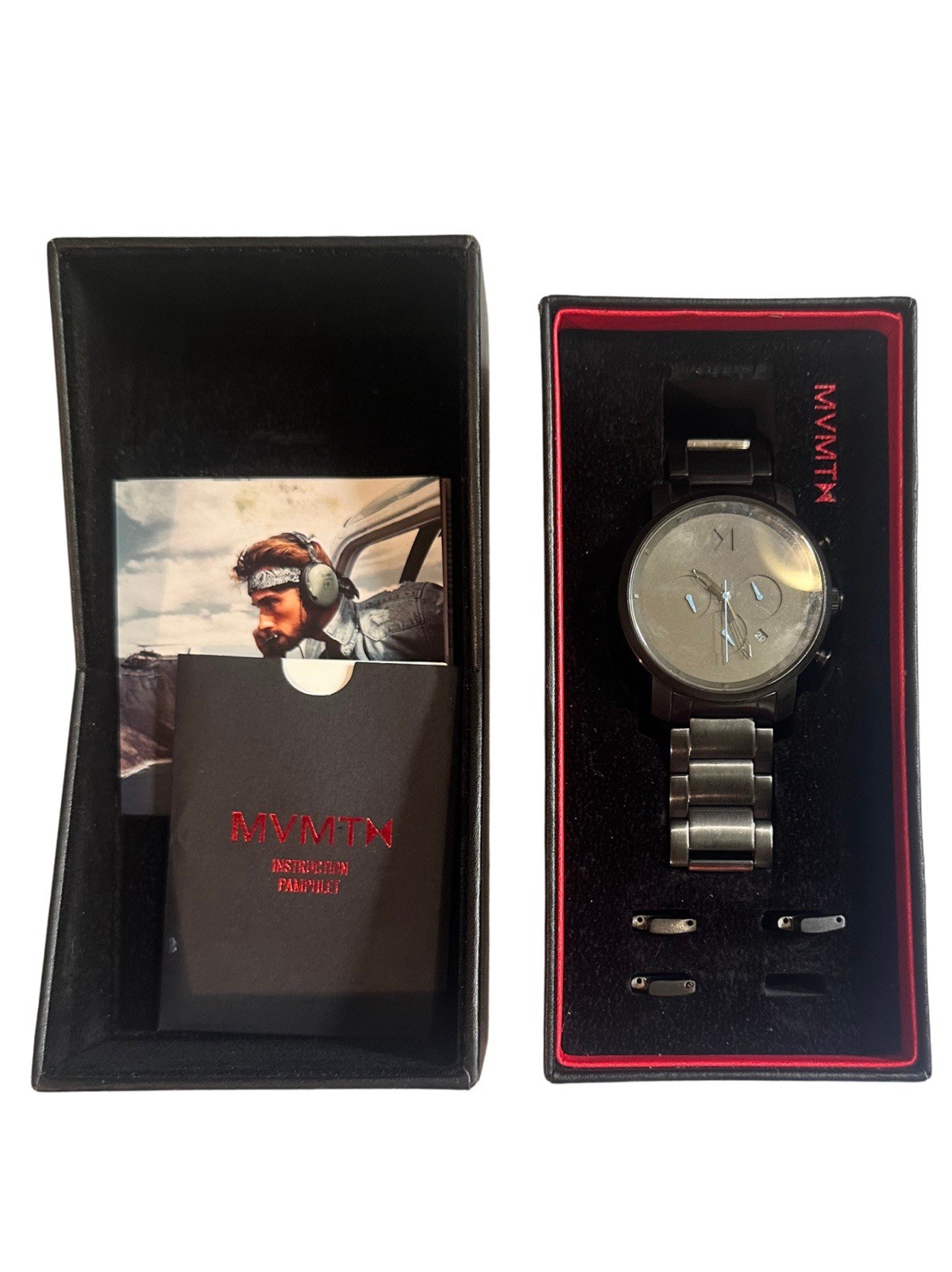 MVMT MC01-GU Men’s 45mm Gunmetal Chronograph Wristwatch Box Papers Links EUC