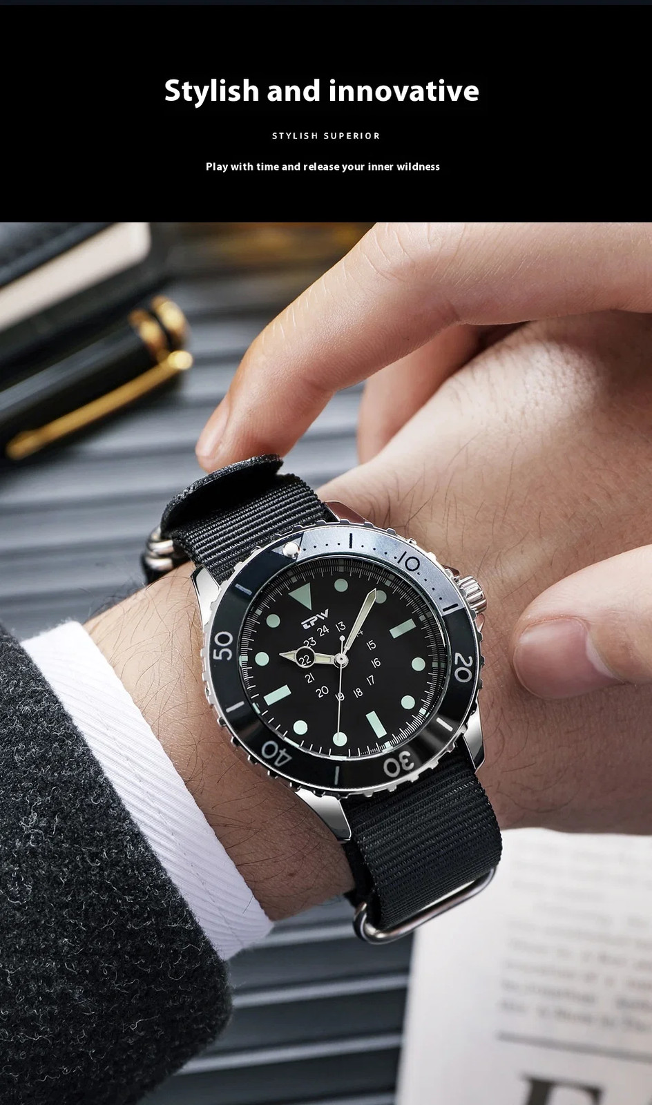 Mens Luminous Waterproof Quartz Watch With Alloy Case 41mm Dial Black Silicone