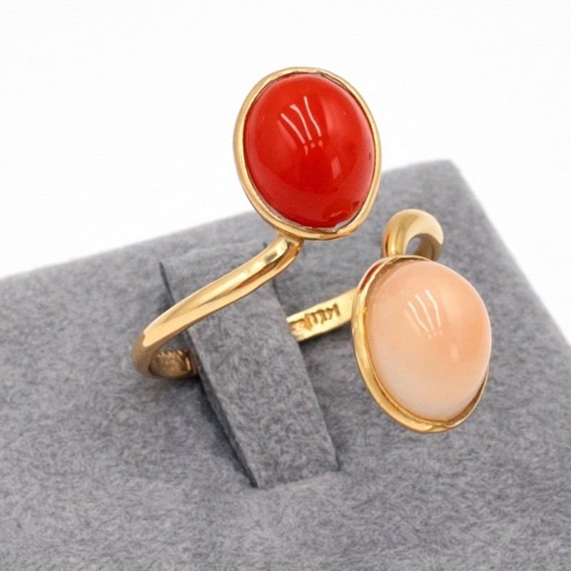 14kt Yellow Gold Red and Pink Mediterranean Coral Ring 10x8mm