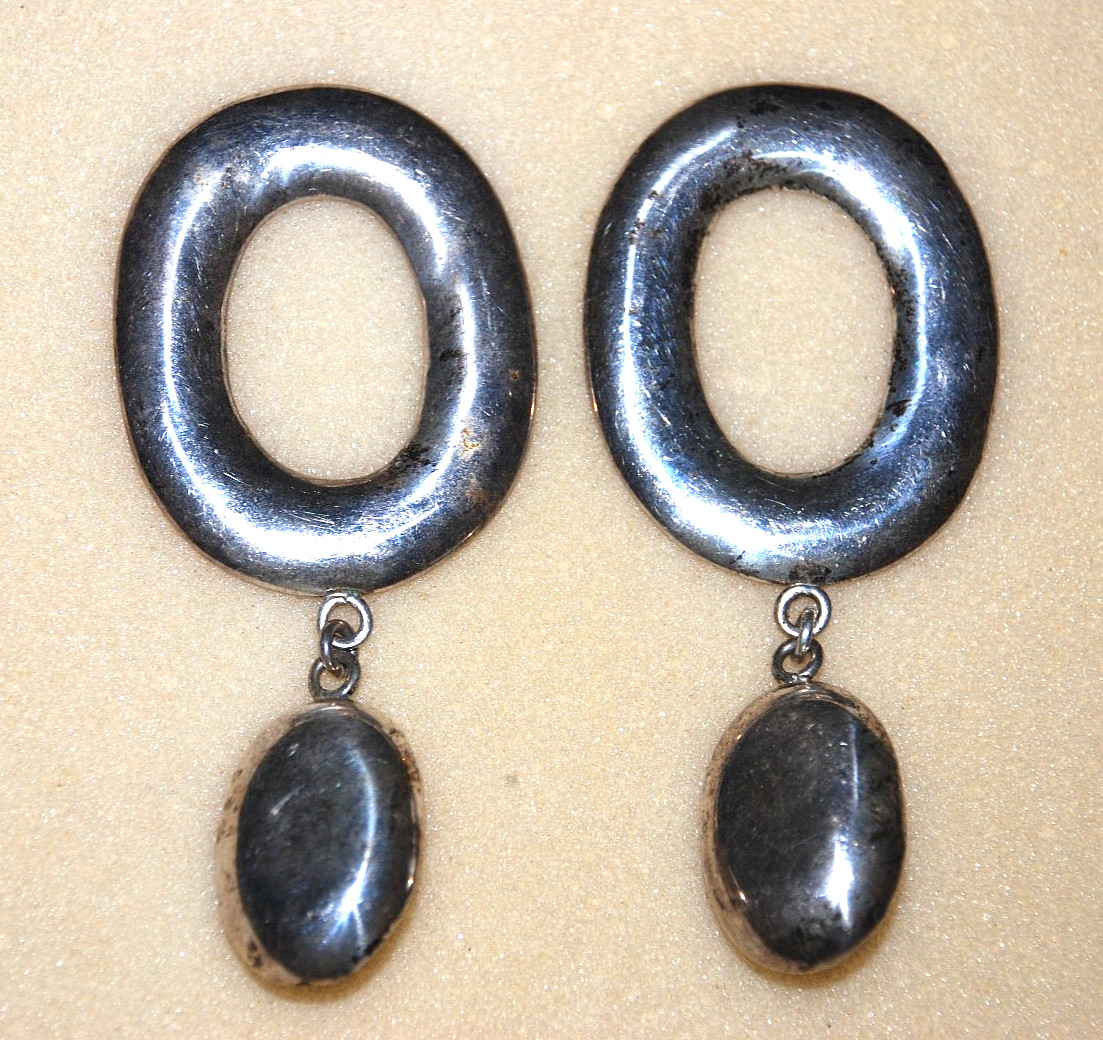 .925 Sterling Silver Modernist Oval Drop Dangle Earrings CT09 Mexico 1950s 3.25″
