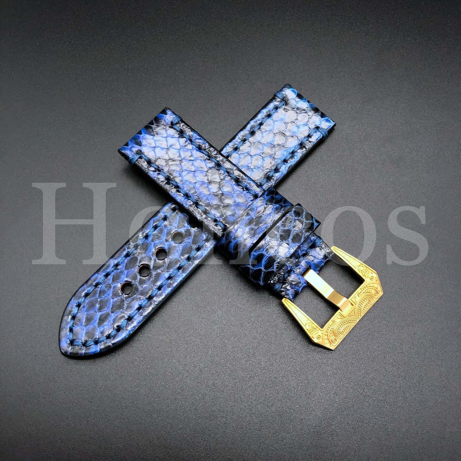 22MM Cobra Snake Skin Strap Band Replacement Fits For Panerai Blue Gold Engrave