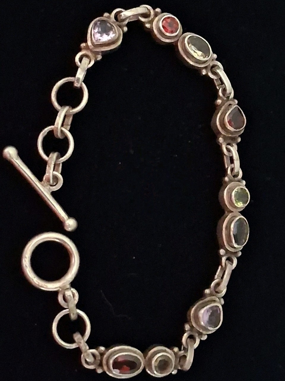 Sterling Silver 925 Multi Gemstone 7 In Toggle Bracelet
