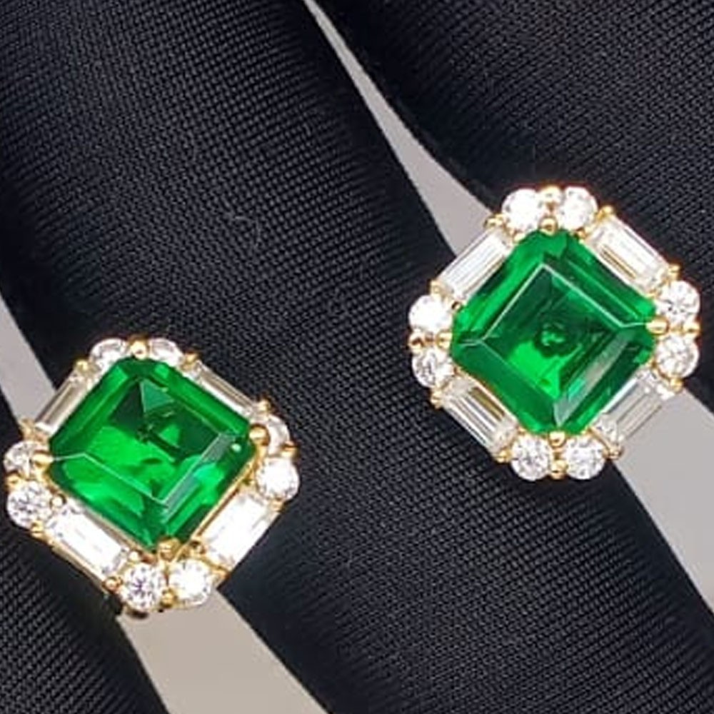 5.16Ct Asscher Cut Natural Emerald & Diamond Stud Earring 14K Solid Yellow Gold