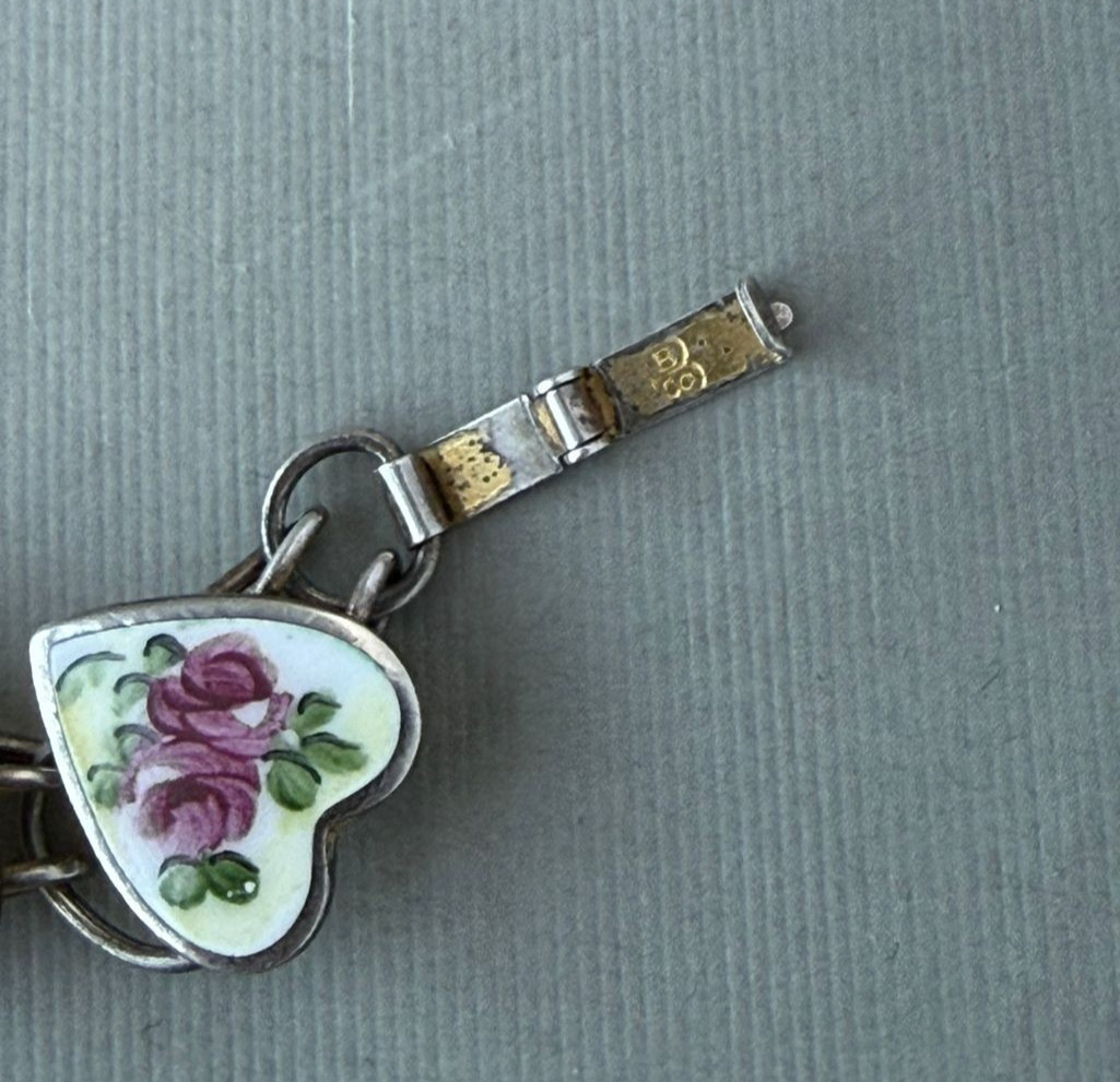 Vintage Bracelet Sweetheart Enamel Hearts Roses Bliss Bros 6.85″