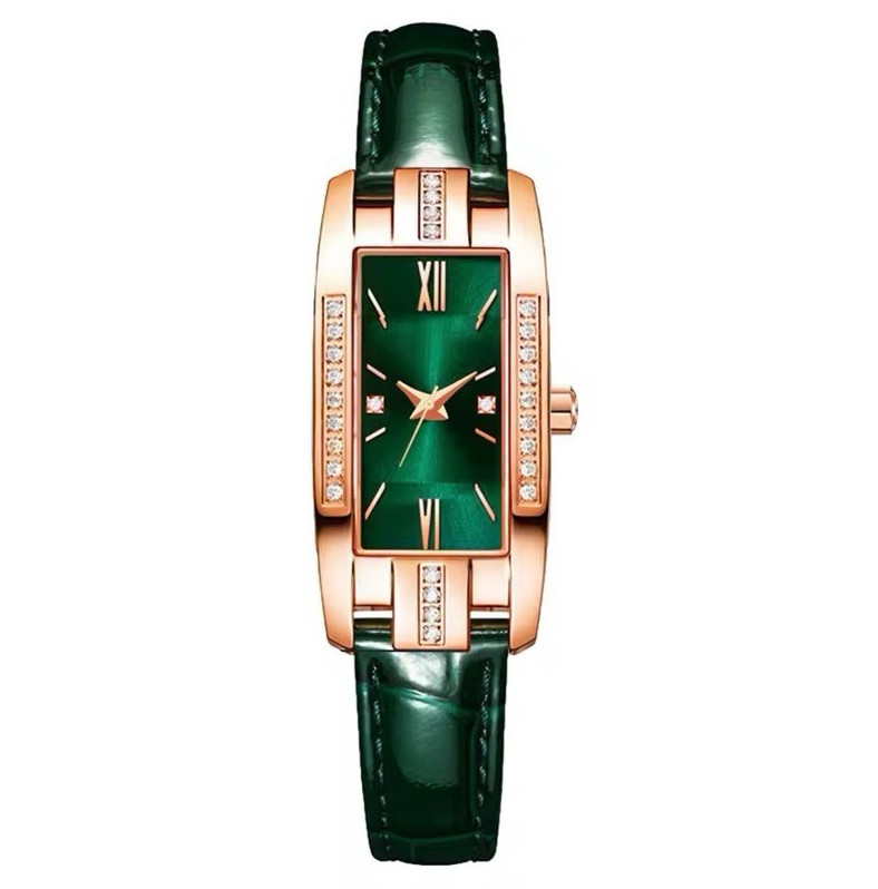 Women’s Quartz Dress Watch Green Dial Rectangle Rose Gold Case Green Leather