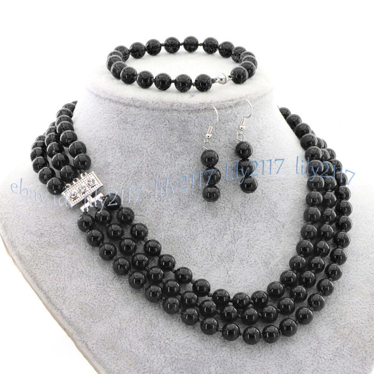 3 Rows Natural Multicolor Jade Round Gems Necklace Bracelet Earrings Jewelry Set