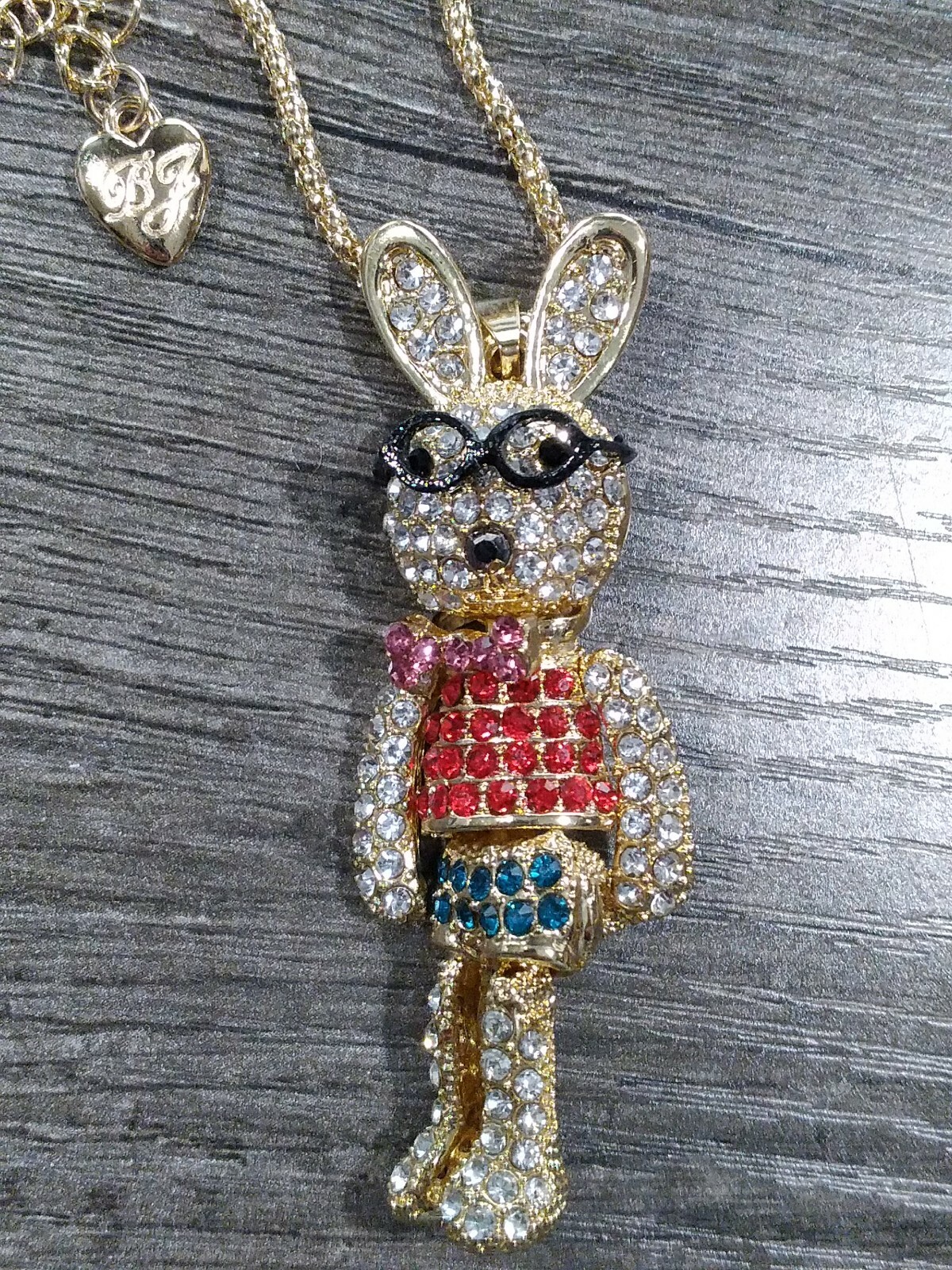 Eclectic Whimsical RED & BLUE BUNNY RABBIT GLASSES Rhinestone Pendant Necklace