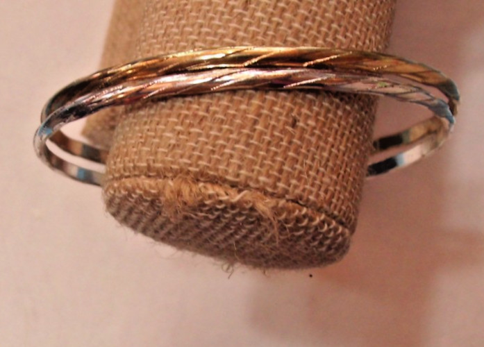 Twisted Bangle Bracelet Pair, 1 Silver and 1 Gold Tone 2 7/8″ dia. #B23
