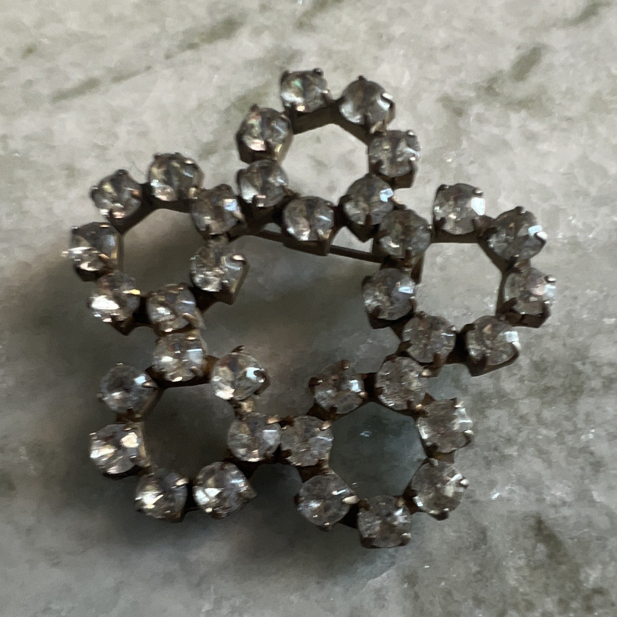 Vintage Clear Rhinestone Round Cluster Brooch Pin, Silver Tone Prong Set