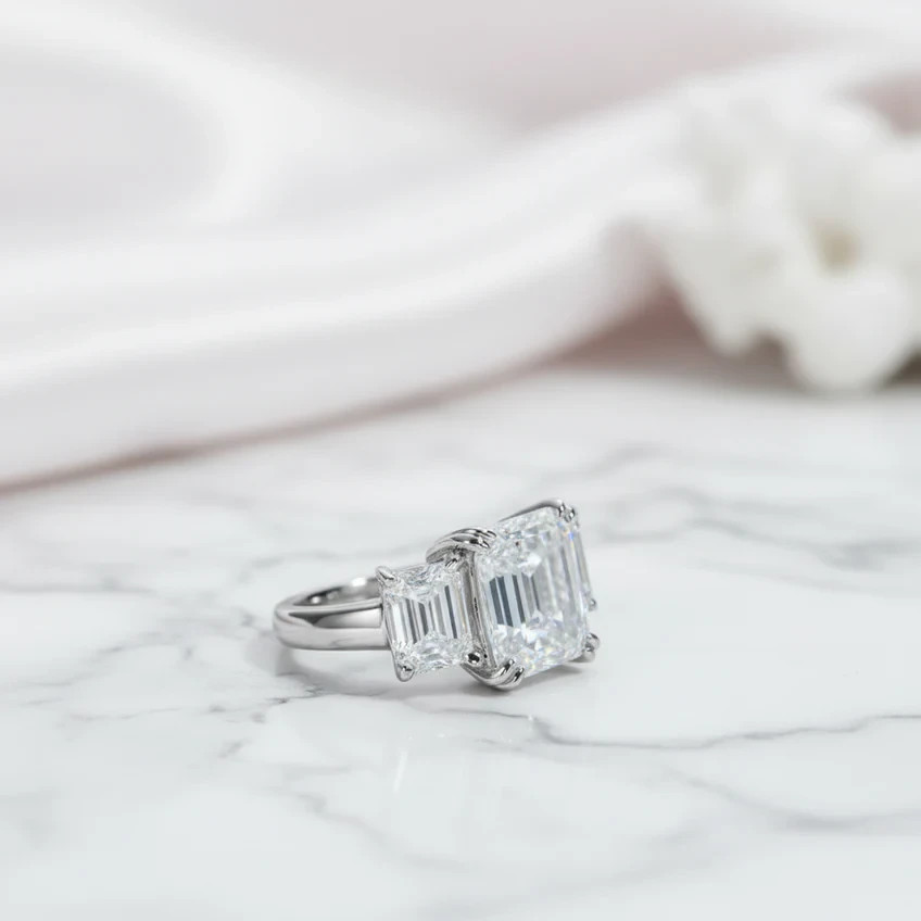 3CT Emerald Cut Created Diamond Option 3 Stone Engagement Ring In 925 Silver