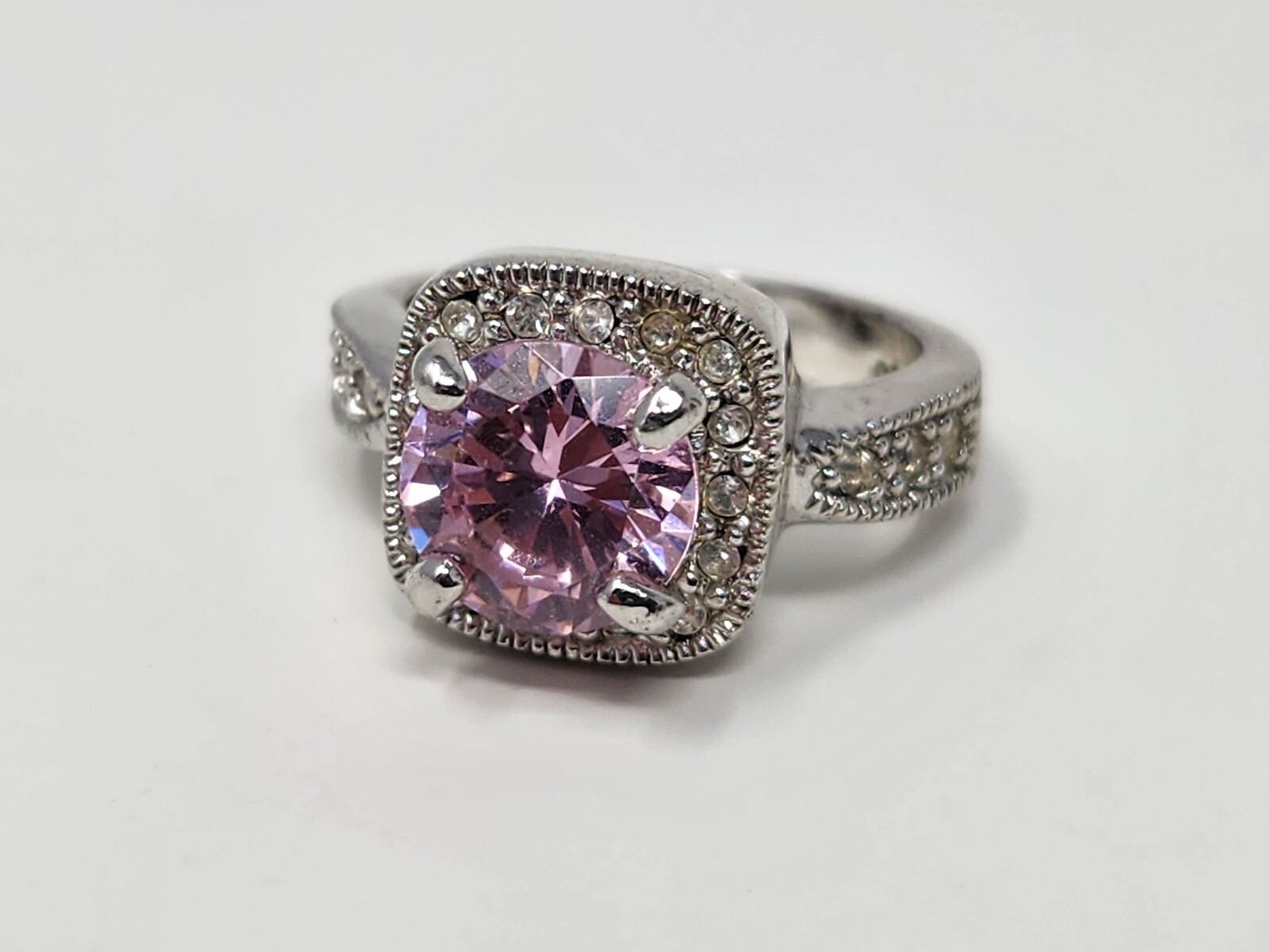 Pink Premier Designs Pink Ice Ring Size 6.75 Silver Tone Signed PDJ Rhinestones