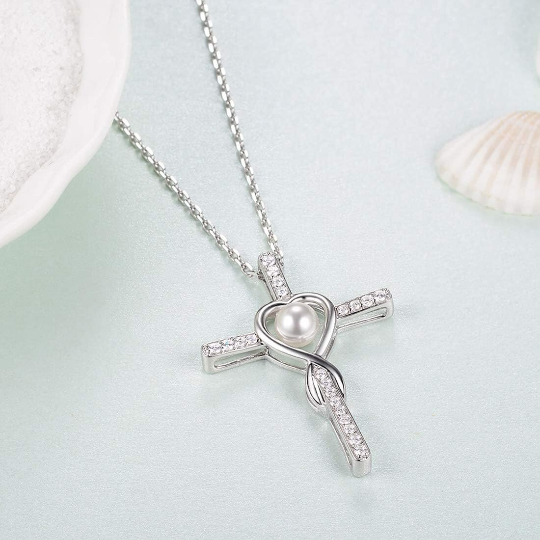 Infinity Cross Pendant with Pearl – Christian Heart Necklace for Women, Gift