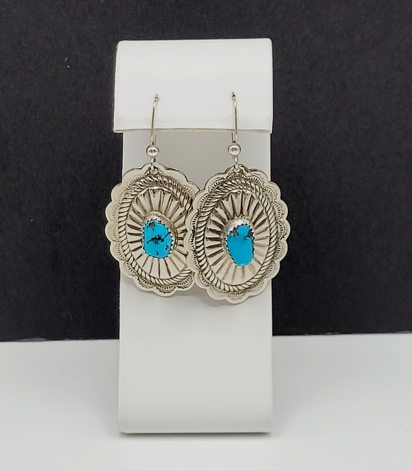 Southwestern Style Silver Tone Turquoise Concho Dangle Pierced Hook Earrings