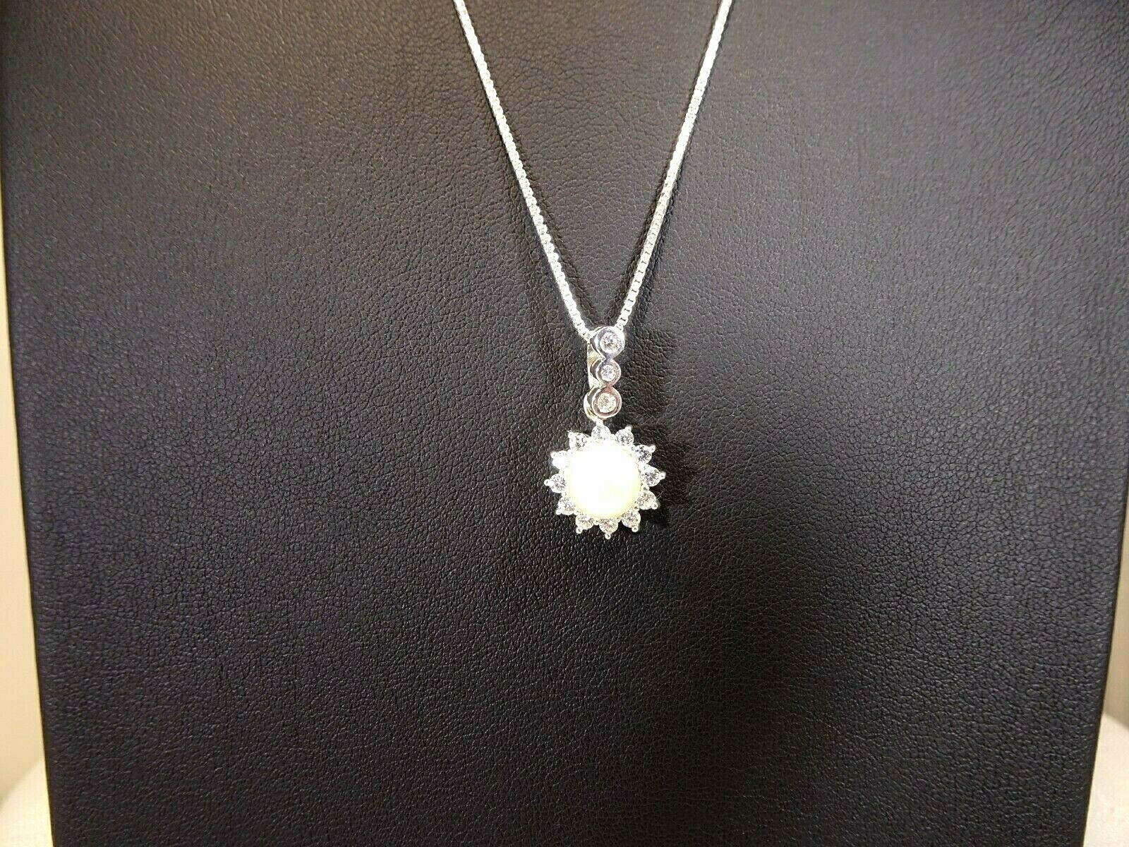 Cultured Freshwater White Pearl & White CZ Sterling Silver Italian Necklace