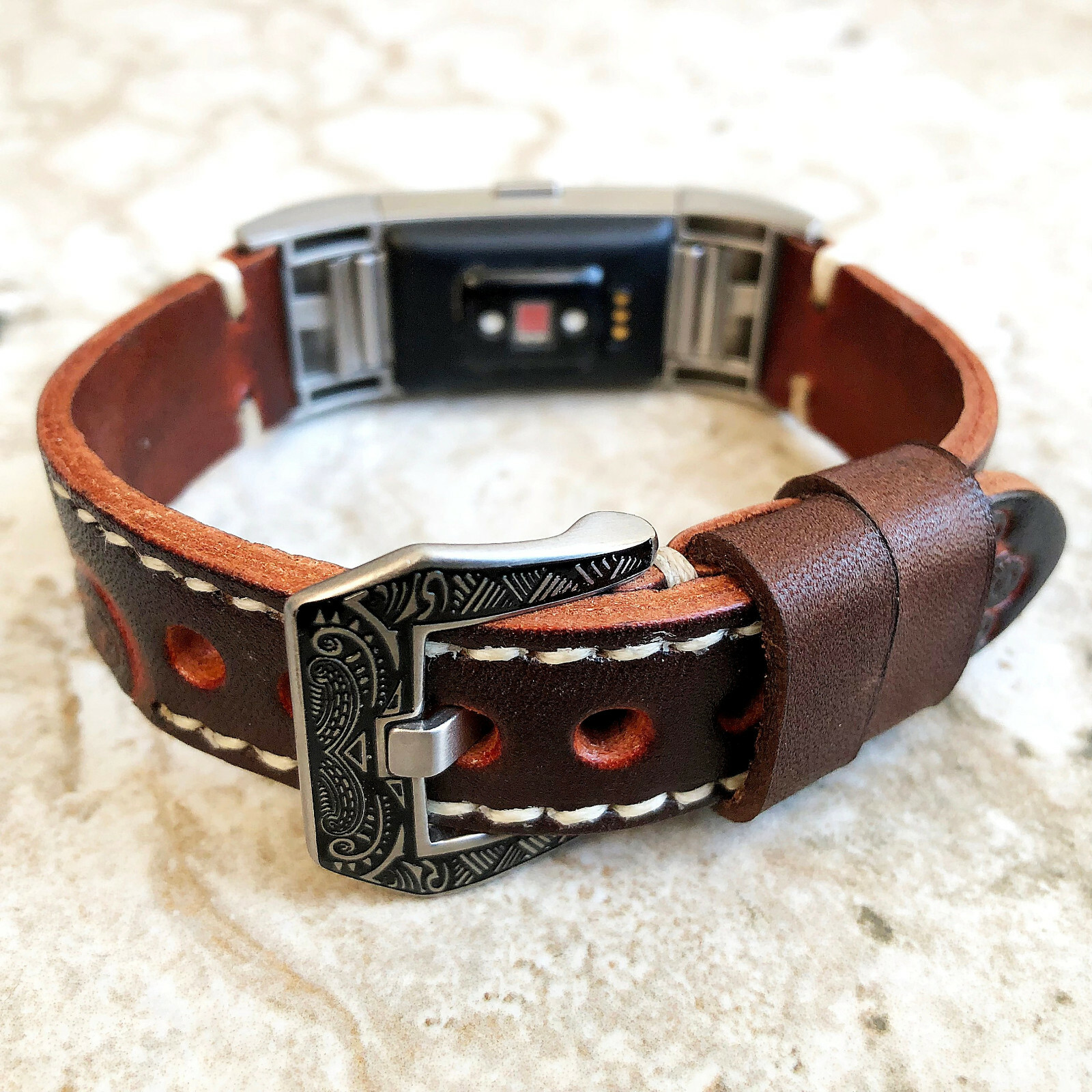 Dark Brown Embossed Handmade Leather Watch Strap Band for Fitbit Charge 6 5 4