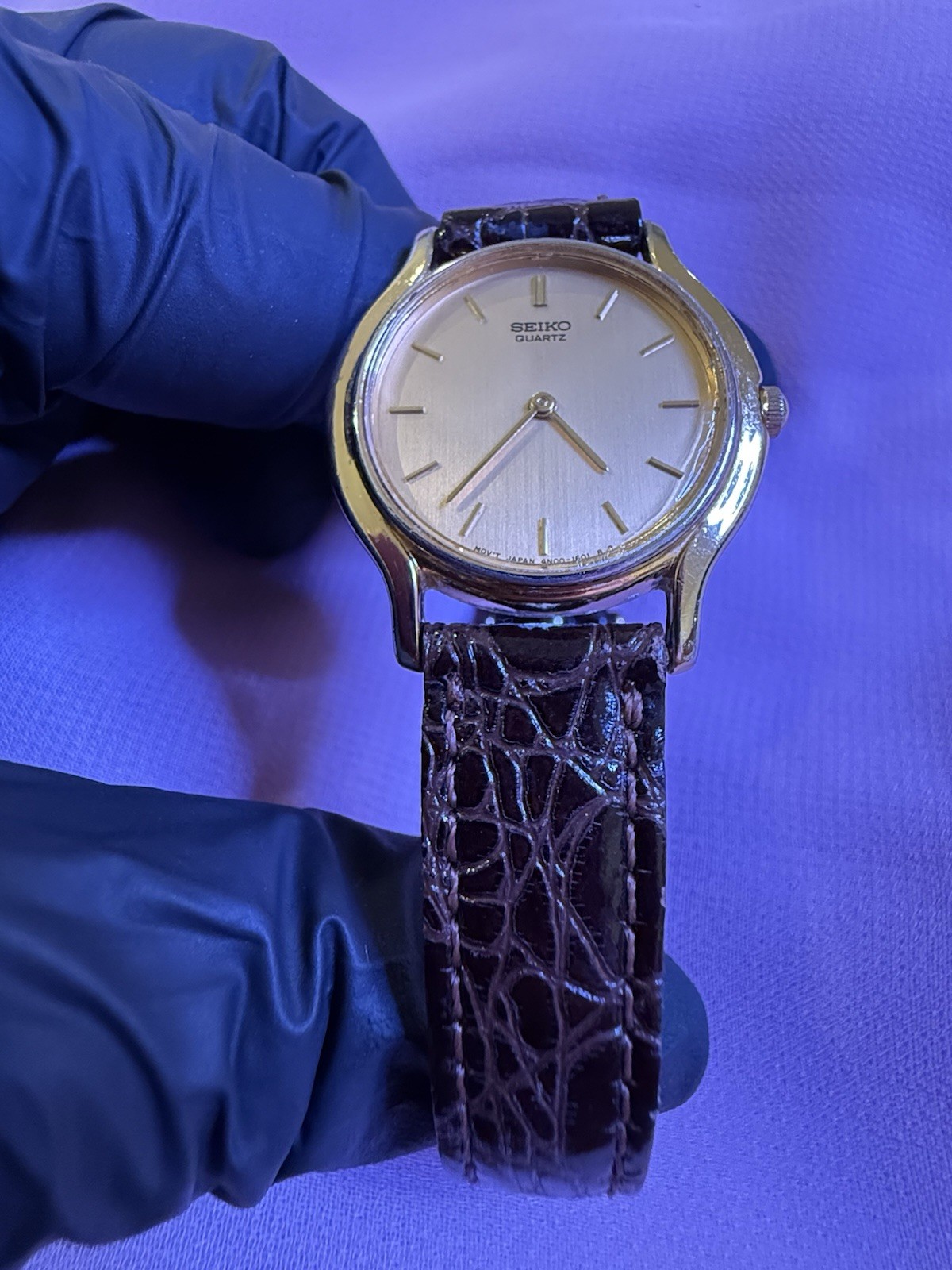 Vintage 1991 Seiko Quartz Dress Watch Gold Dial Brown Leather Strap -Working