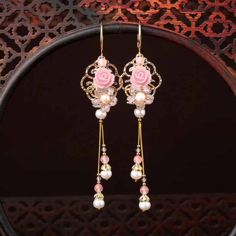 1Pair Chinese Ethnic Long Earrings Pink Flower Tassels Hanfu Accessories Gift