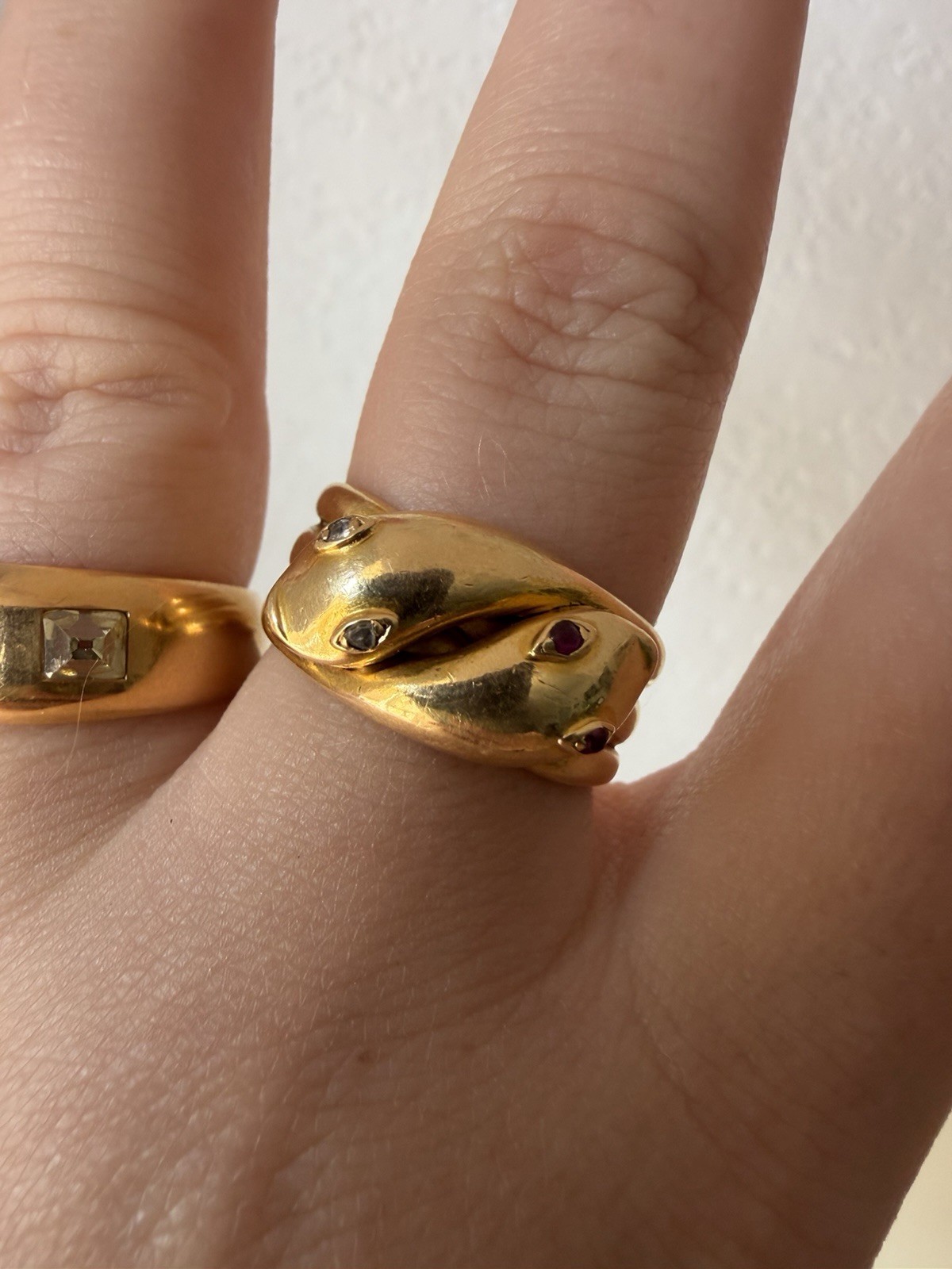 Antique Rare Victorian 18K Yellow Gold Diamond & Ruby Snake Ring