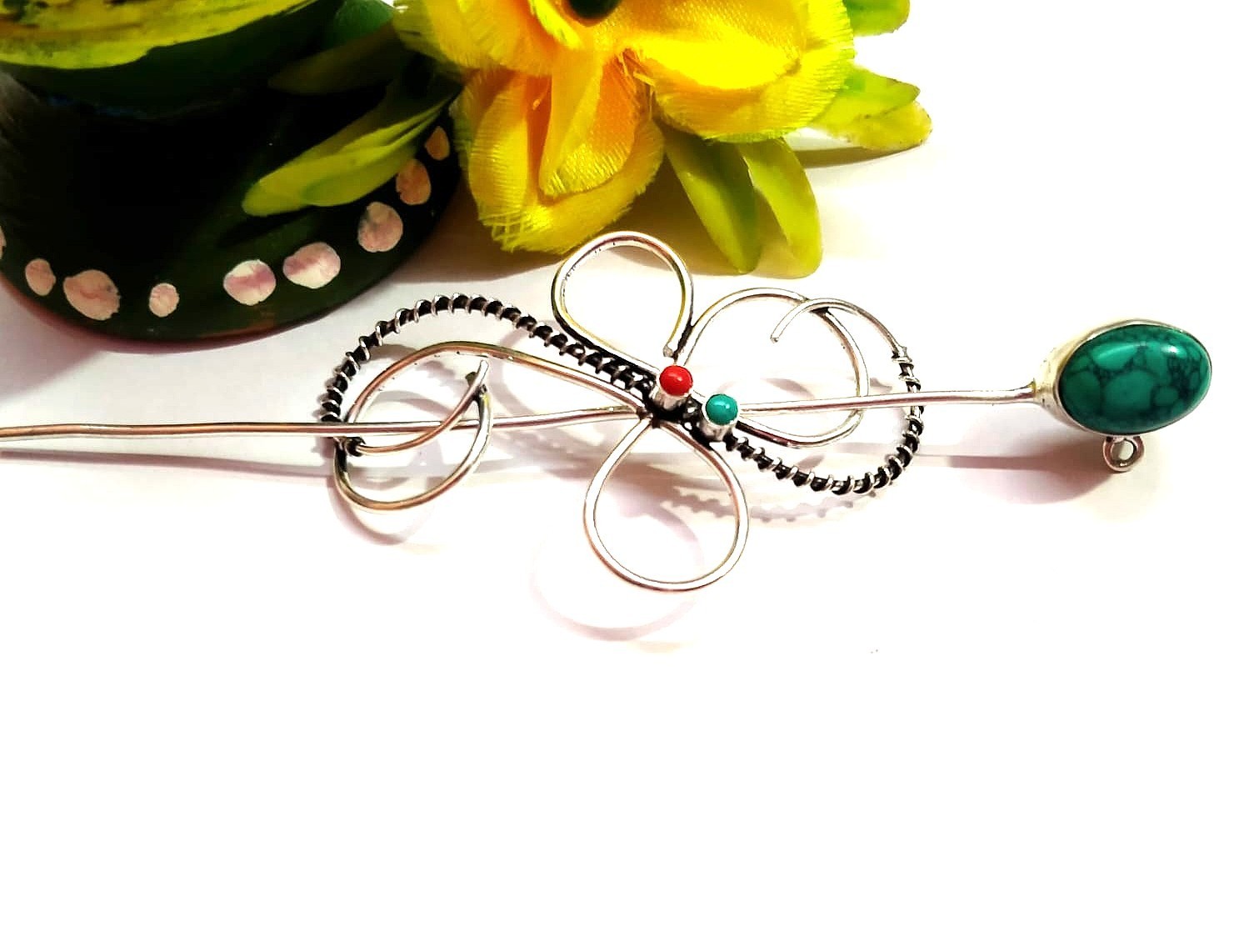 Blue Turquoise Red Coral Handmade Gemstone Hair Pin 925 Sterling Silver Jewelry